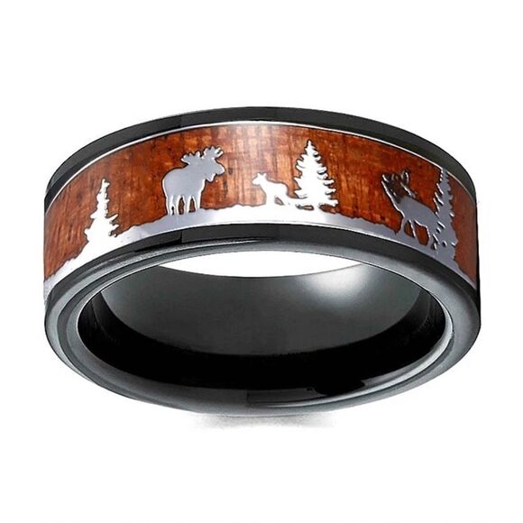 Bobbi’s Daughter’s Other - ❤️032❤️ 8mm Antler Tungsten Ring Elks in Forest Silver Mens Wedding Band